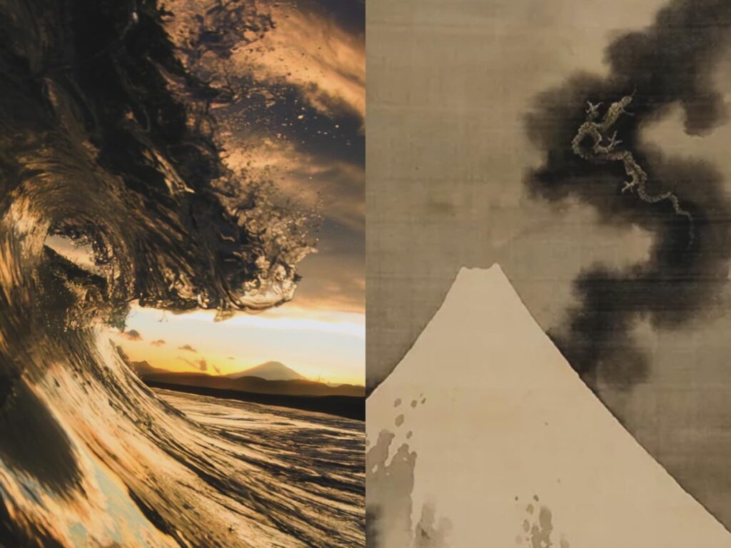 葛飾北斎の描いた富士越龍図をオマージュした波と龍の写真